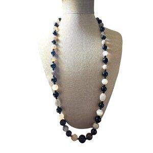 Jay King DTR Sterling Silver Necklace Black Onyx & Quartz Long Beaded 34"